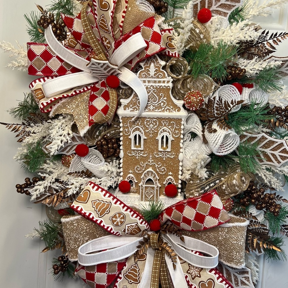 XL Gingerbread Church Holiday Wreath. Aprox 33” wide